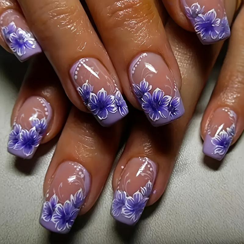 

Purple French Floral Style Wearable Nails - 24 Removable Pieces Basic Style