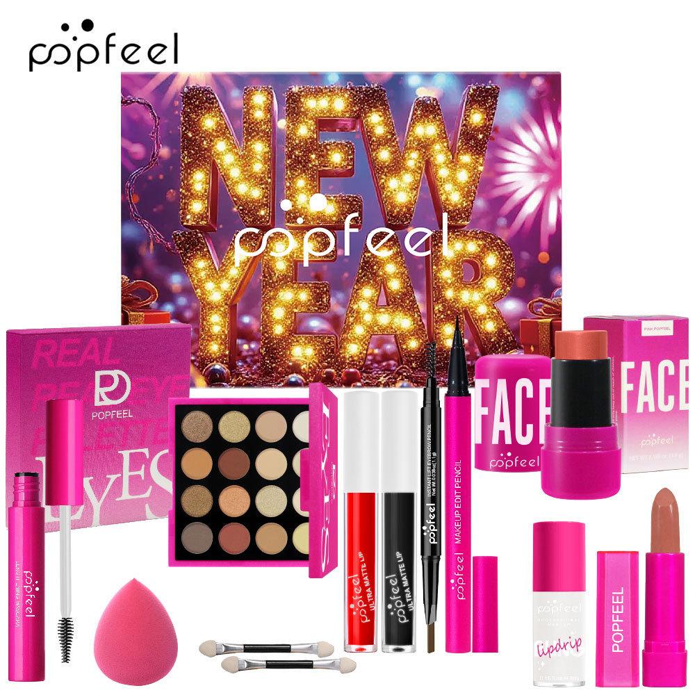 Popfeel New Year Makeup Kit All-in-One Professional Cosmetic Gift Set Eyeshadow Palette Matte Lipstick Face Stick Makeup Tools Beauty Kit for Women