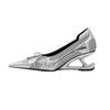 Niche Silver Pointed Special-shaped Suspension Heel Light Mouth Single Shoes Women's 2025 Autumn New Bow Mesh High Heels