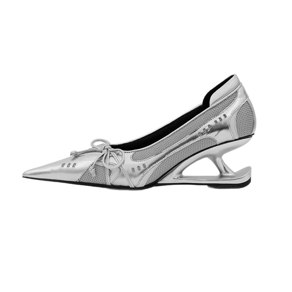 Niche Silver Pointed Special-shaped Suspension Heel Light Mouth Single Shoes Women's 2025 Autumn New Bow Mesh High Heels