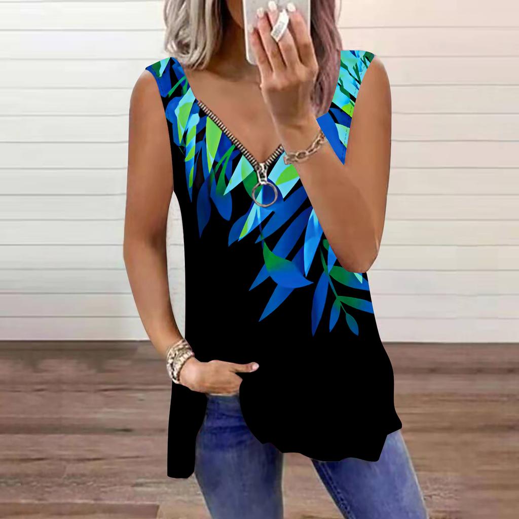 Top da Donna Estivo con Stampa di Foglie di Palma Casual Taglie Forti Senza Maniche Zip Scollo a V Canottiera