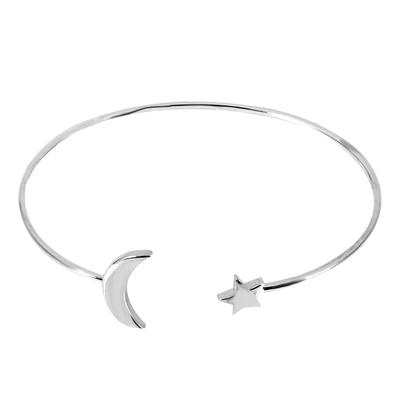Female Open Bracelet Copper Plating Wristband Bangle with Moon Star Decoration (Silver)