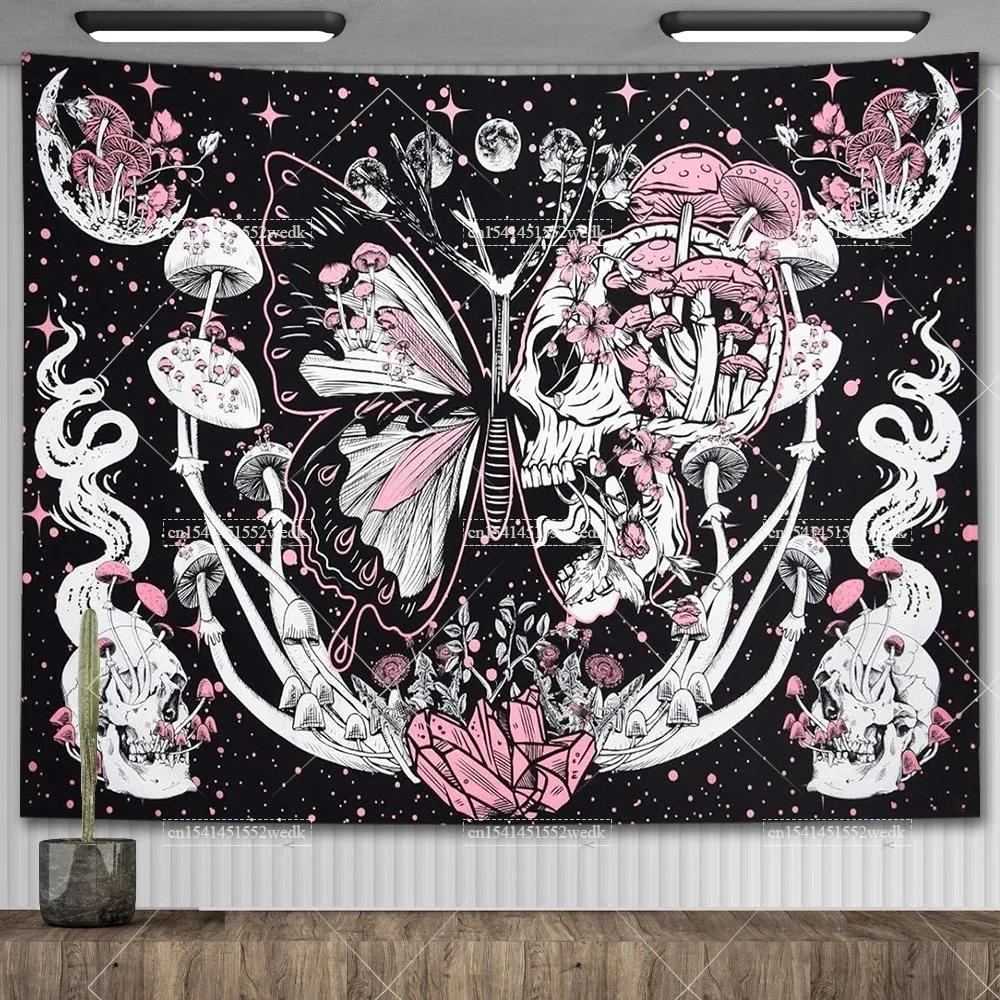 Skull Floral Tapestry Mushroom Skeleton Goth Tapestry Aesthetic Room Decor Moth Moon And Stars Wall Tapestry Home Decoration