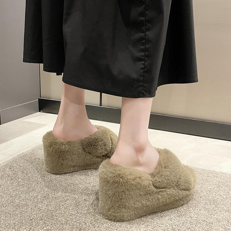 Fashion Aphixta Black Faux Fur 10cm Wedge Heels Slippers Women Winter Mulers Furry Warm Soft Shoe Cross Strap Clog Slides Sexy Shoes