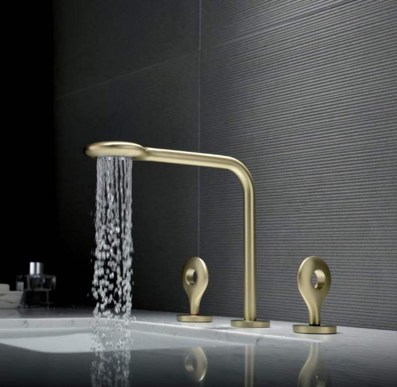 Gebürstete Gold Waschtischarmatur Vollmessing Schwarz Badezimmerarmatur Graue Spültischarmaturen 3-Loch Heiß und Kalt Wasserfallarmatur Wasserhahn