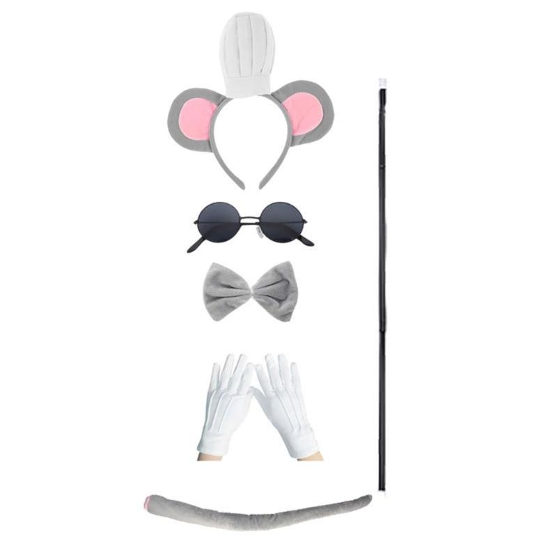 2/4/6Pcs Mouse Costume Accessories Set Halloween Dressing Up Costume Mouse Ears Headband Tail Glasses Nose for Kids