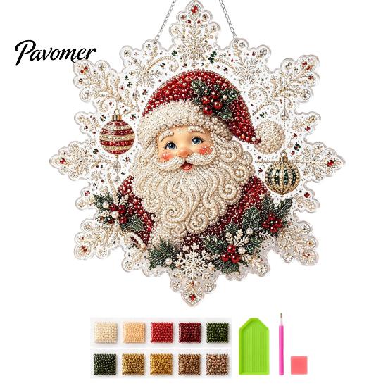 Acrylic Beaded Art Supplies Christmas Faux Pearl Painting Suncatcher Kit, Snowflake Shape Board Decorative Hanging Window with Lace Edge, 3D