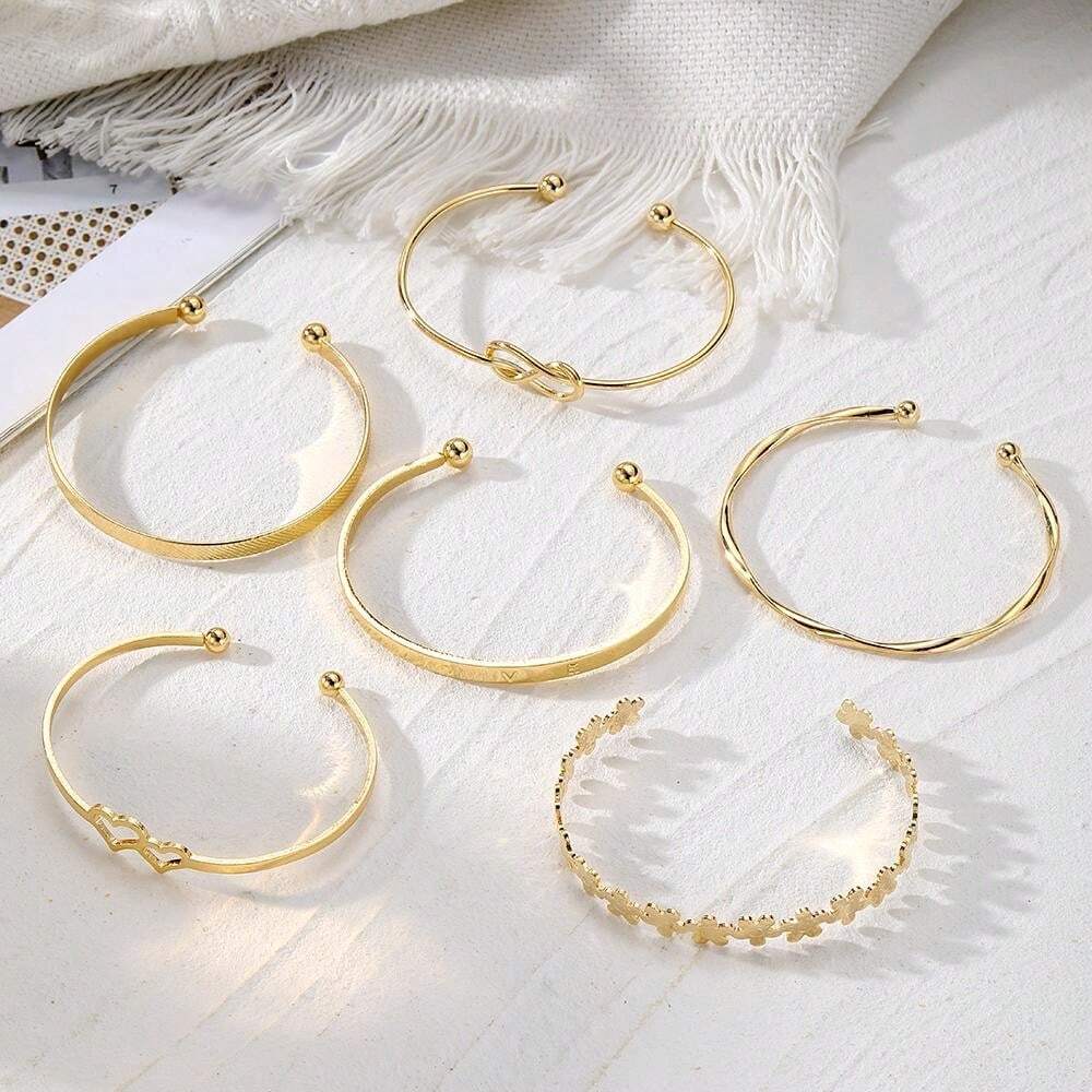 6pcs/Set Double Heart Love Letter Flower Open Bangle For Women, Daily Wear & Party Gift, Gold Color