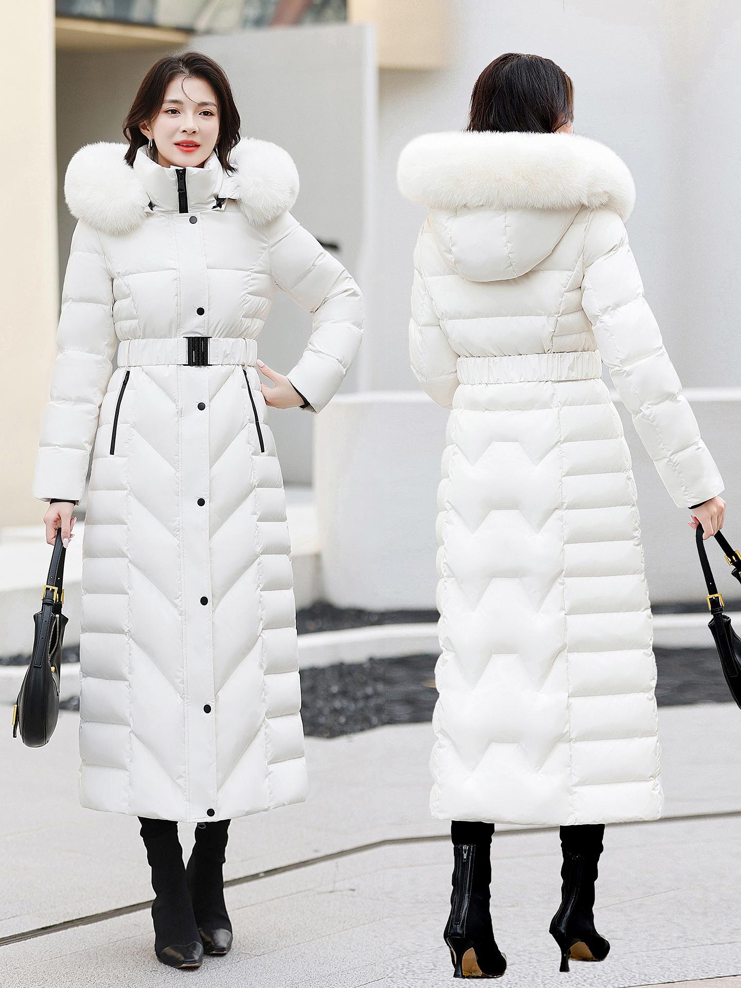 

Женский ультрадлинный пуховик для похудения 2025 года с толстым воротником из натурального лисьего меха L белый