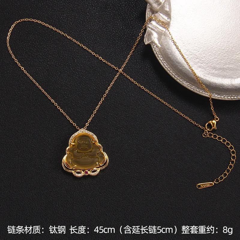 Vintage Maitreya Buddha  Imitation Grandmother Green Jade Lotus Zircon Light Luxury Fashion Accessory Lucky Ruyi Necklace