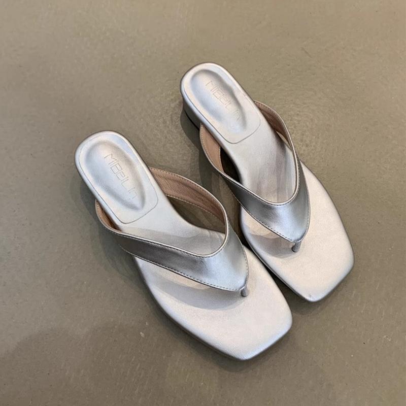 Fashion SUOJIALUN 2025 Summer New Brand Women Slipper Fashion Square Low Heel Ladies Casual Sandal Shoes Outdoor Dress Slip On Flip Flop