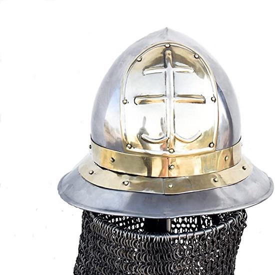 Mittelalterlicher byzantinischer Kesselhut 16 Gauge mit 9mm flachen, vernieteten Ringen Kettenhemd Silber