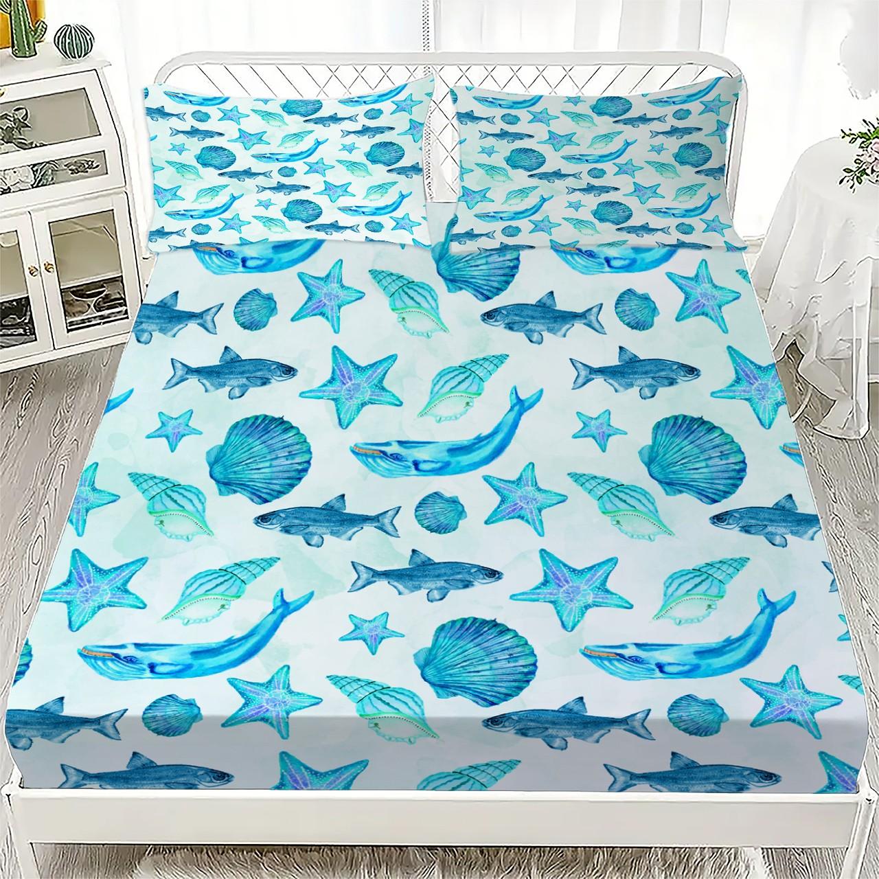 

Cute Animal Ocean Theme Fitted Sheet Set 100% Cotton Bed Sheet with Sea Creatures Print for Coastal Bedroom 90x190x40cm 2pcs