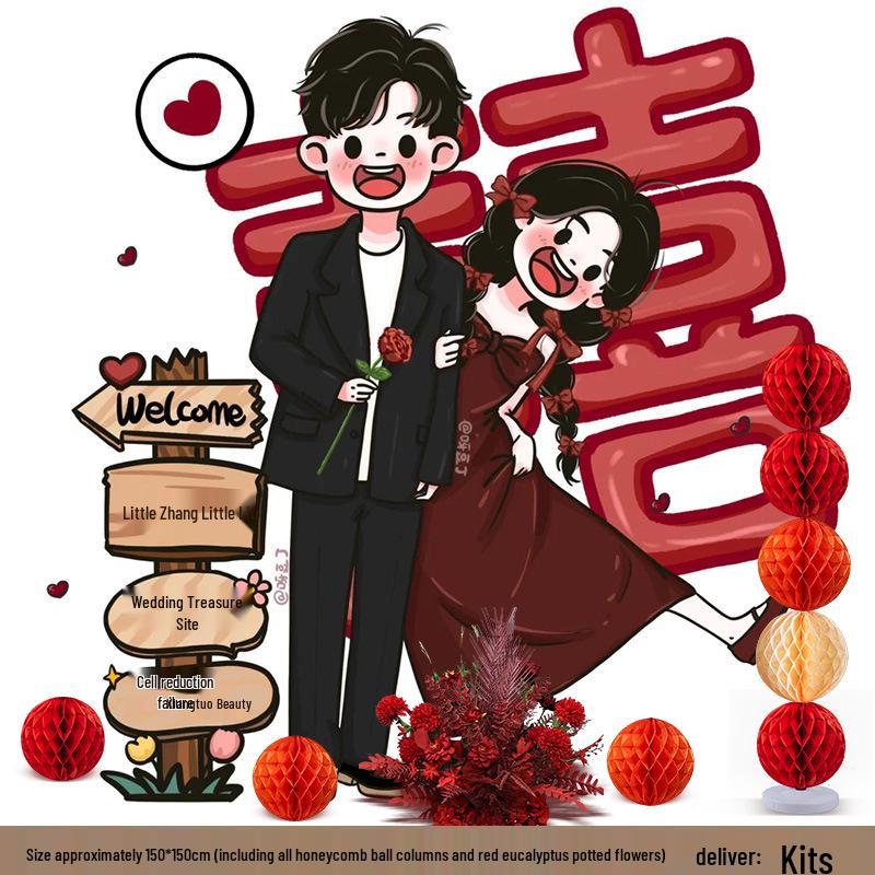 Welcome Sign Wedding Standee: Hand-Painted Cartoon Figure Poster Board for Event Decoration