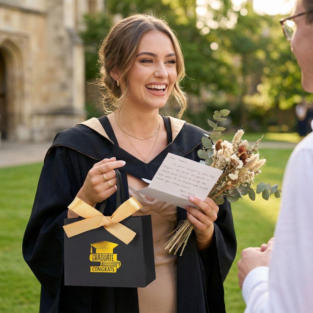 10Pcs Foldable Graduation Favor Bags Black with Ribbon Graduation Gift Box Gilded Pattern DIY Folding Paper Pouches