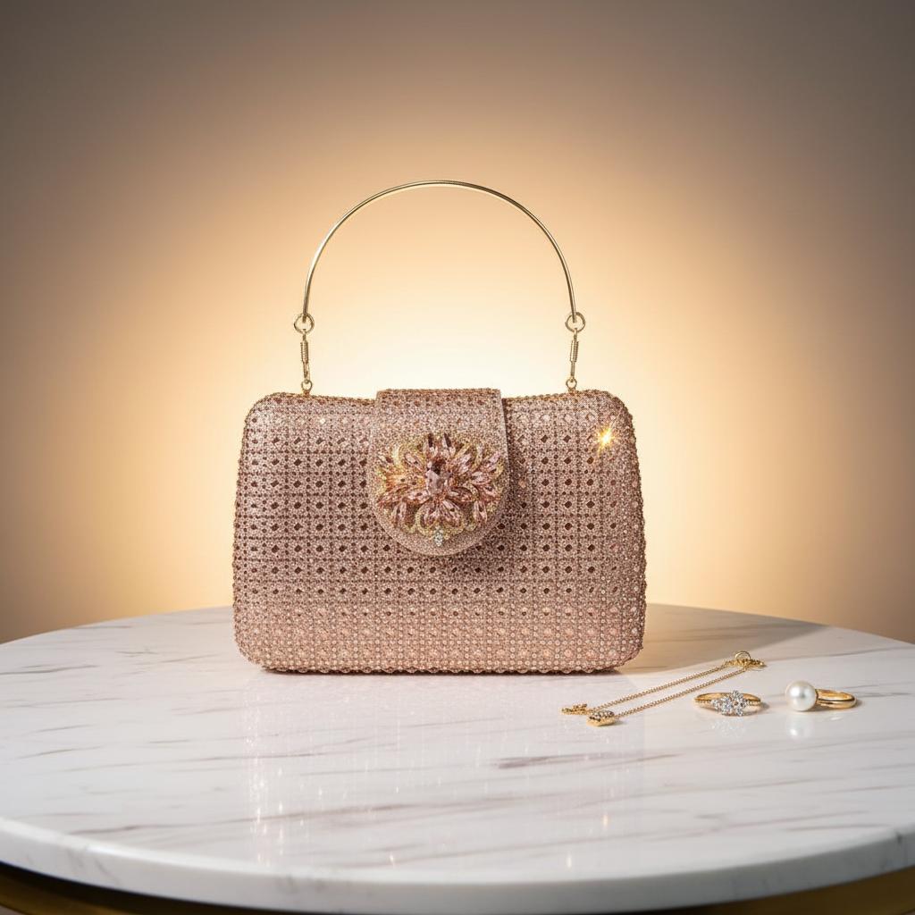 2026 High Stand Rhinestone Clutch Bag Diamond-Embellished Plaid Pattern Fully Embellished Magnetic Clasp New Women's Evening Bag