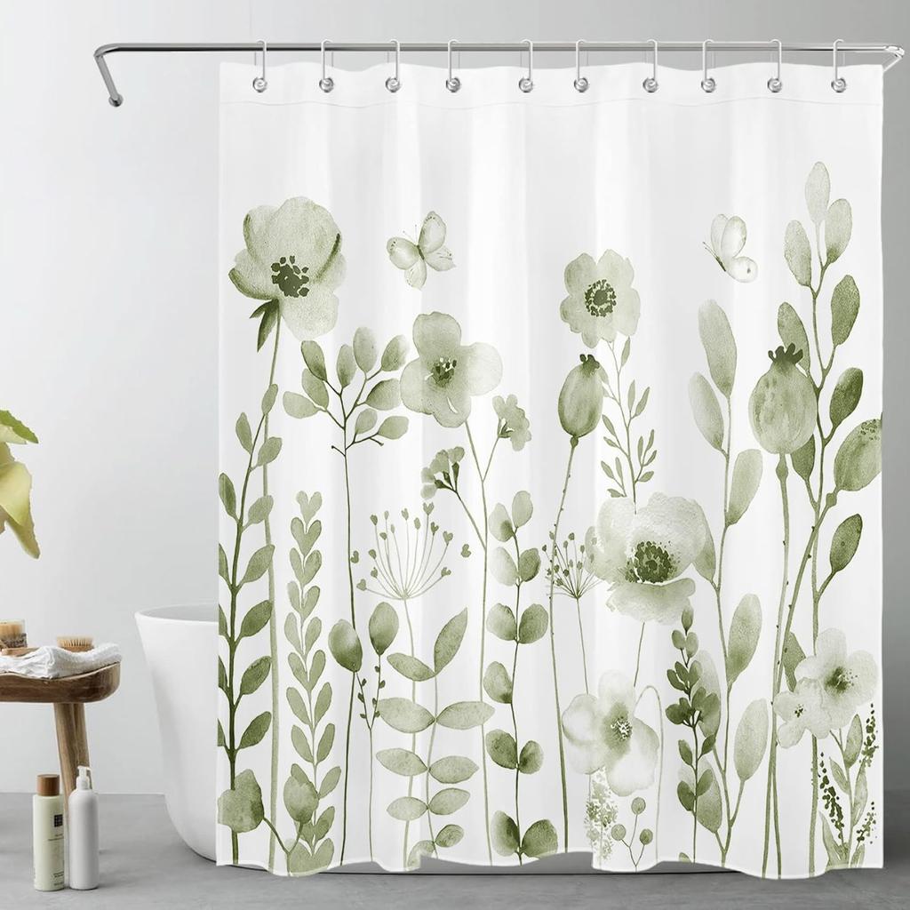 Rustic Floral Black Cat Shower Curtain with Hooks,Botanical Wildflower Butterfly Shower Curtain for Bathroom,Flower Plant Fabric