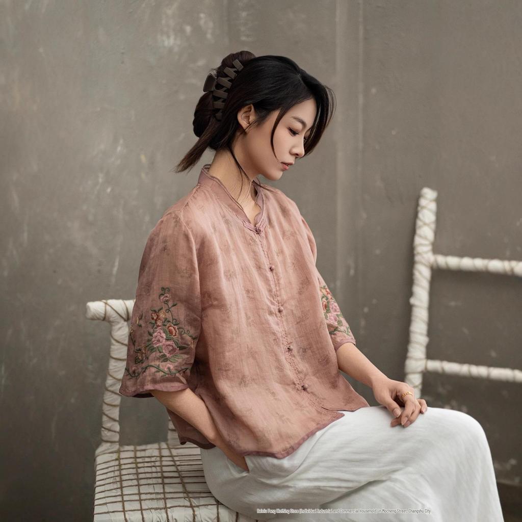 2025 Ethnic Style Ramie Shirt - Lightweight Embroidered Spring/Summer Chinese Design