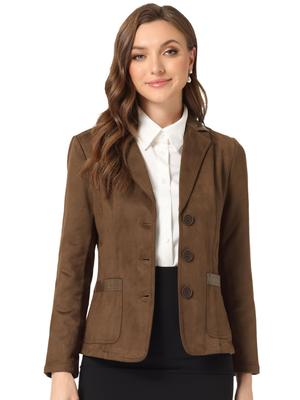 Allegra K Women's 2-Button Blazer Jacket with Leather Lapels and Faux Suede, Brown, Size M