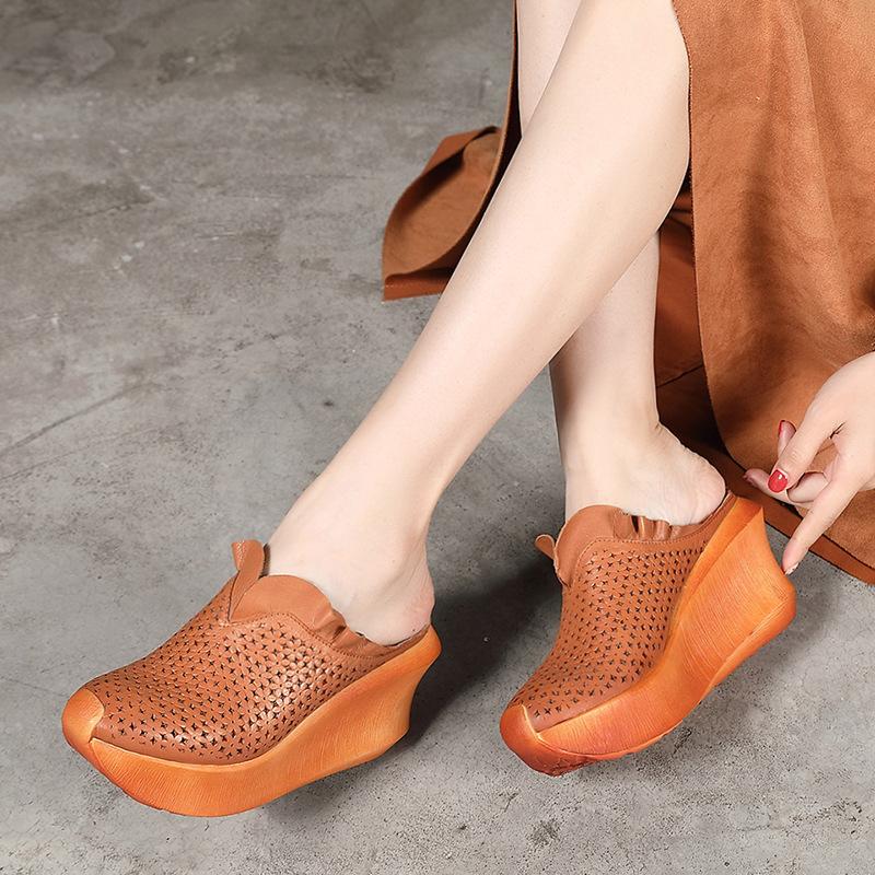 Fashion GKTINOO Women Leather Mules 9 CM High Heels Wedge Slippers Women Handmade Platform Genuine Leather Slippers Coffee Shoes 2024