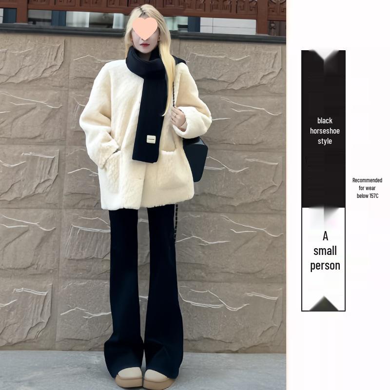 Damen Schwarze Fleecegefütterte High-Waist Schlankmachende Schlaghose für Herbst/Winter 2025