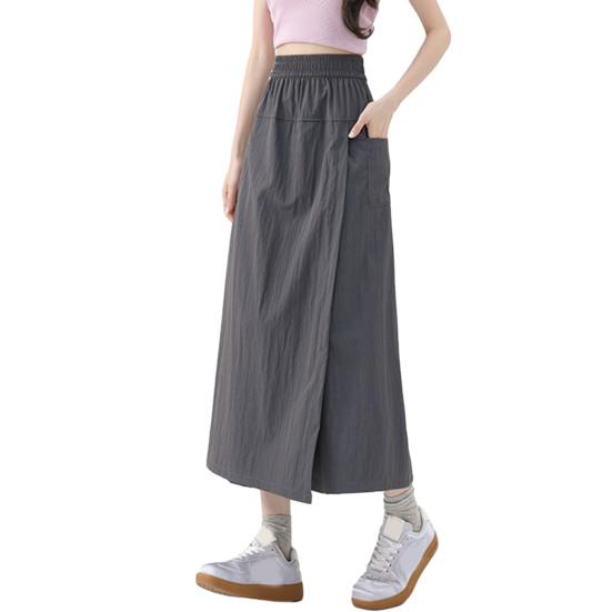 Women Cargo Pants Elastic High Waist Wide-Leg Skirt Pants with Pockets Solid Color Summer Thin Leisure Trousers