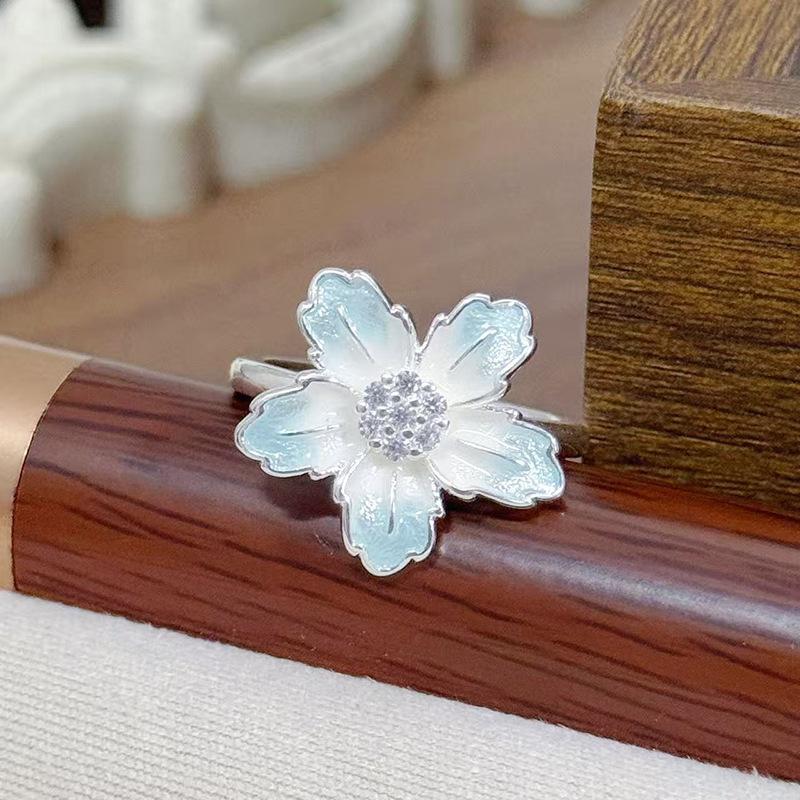 Small Fresh Enamel Ice Blue Flower Opening Ring Super Fairy Diamond Stacked Wearing Personality Sweet Super Fairy Ring Woman