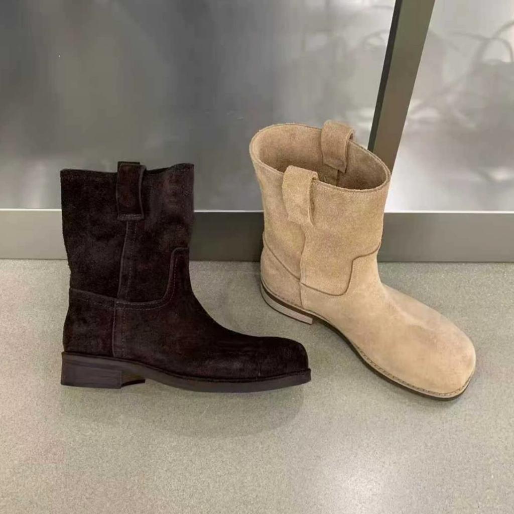 Sheepskin version~ retro matte suede round head low heel western cowboy boots short boots women's 2025 new Martin boots