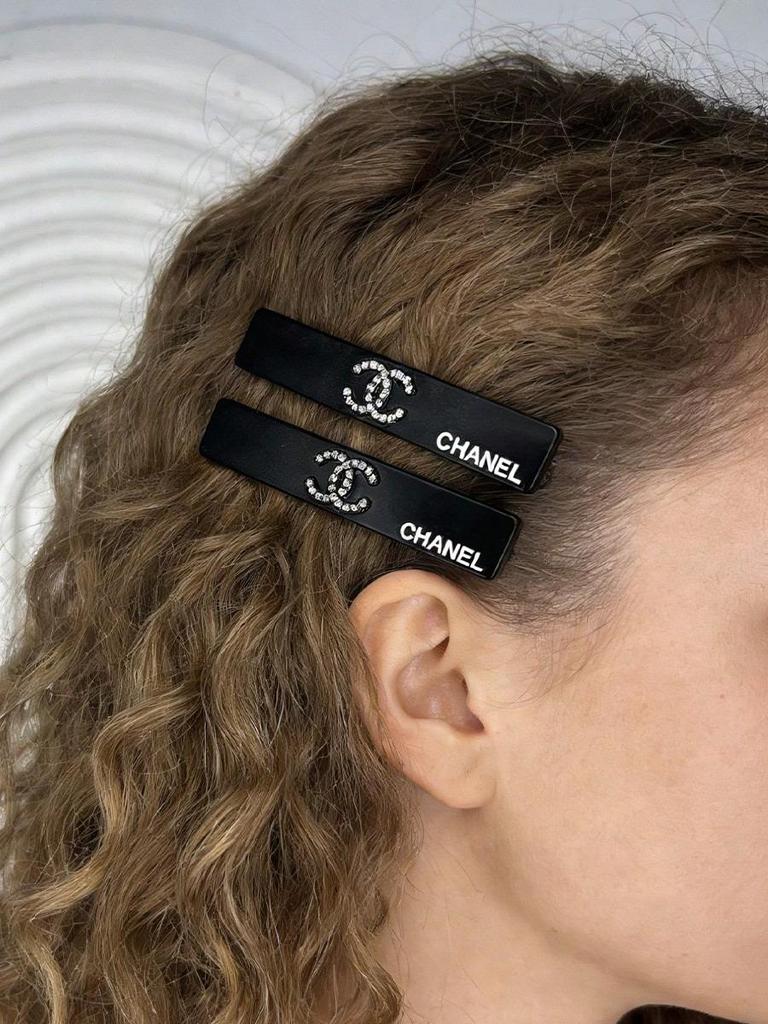 Chanel Rhinestone CC Logo Hair Barrettes, Black Elegant Hair Clips, Luxury Brand Beauty Accessories Hair Pins