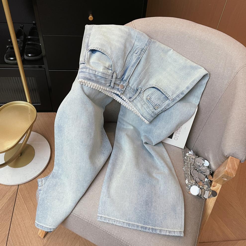 Korean Style Elegant Pearl Waist Rhinestone Light Jeans - Women's High Waist Straight Slimming Wide Leg Pants