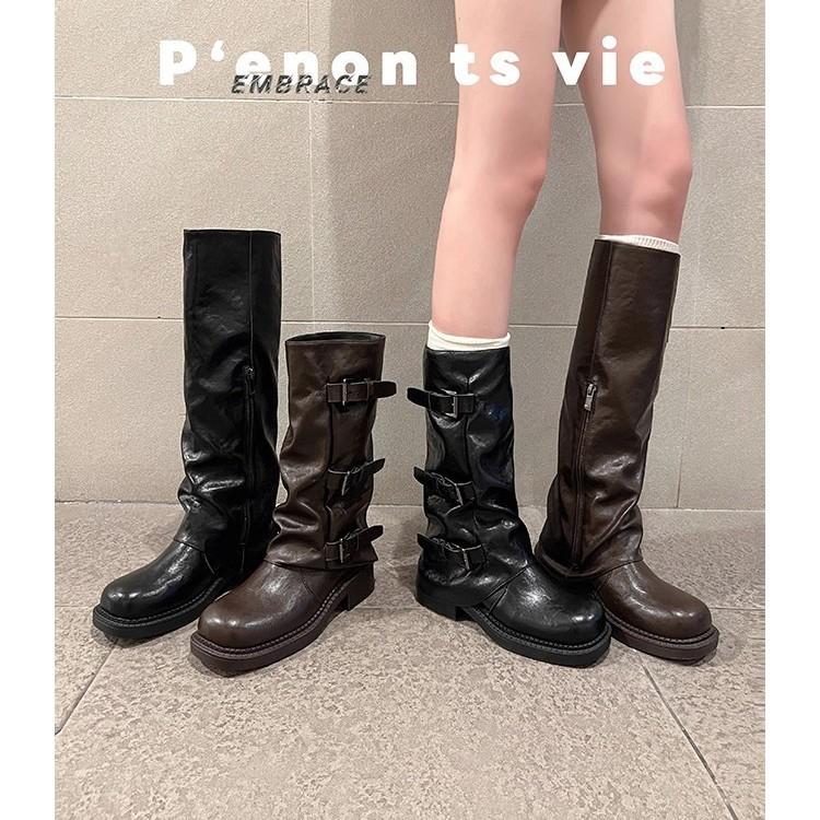 [Factory Making Goods] Retro 2025 Spring and Autumn New Fashionable Belt Buckle Square Round Head Pleated Medium Tube Martin Boots