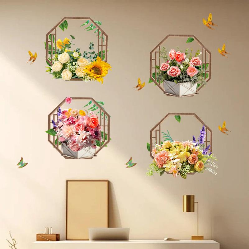Sticker Mural Autocollant Imperméable Amovible avec Fleurs Simulées et Plantes Vertes pour Décoration Intérieure de Salon et Chambre