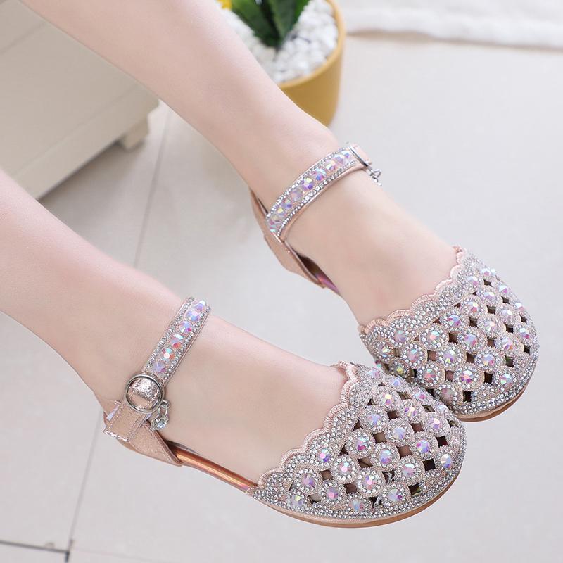 Girls Half Sandals Shiny Crystal Kids Princess Sandals Elegant Ins Trendy 2025 Summer New Girls Dance Shoes for Party Wedding