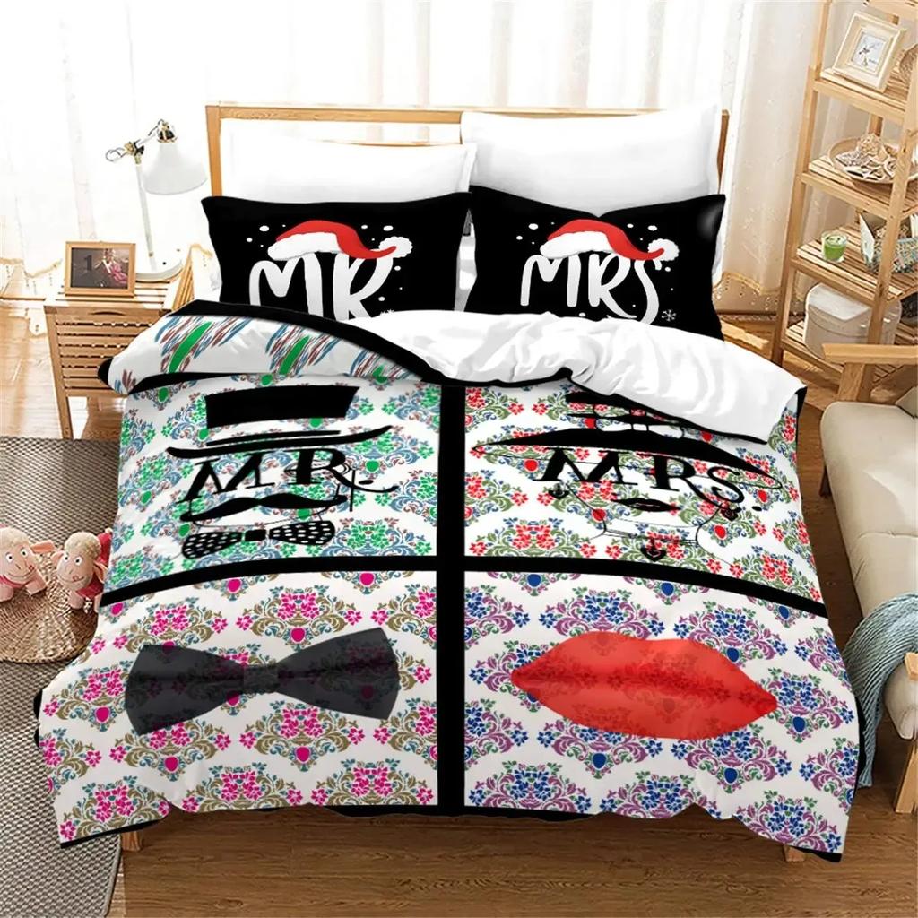 Black and White Couple Romantic Valentine's Day Comfortable Duvet Quilt Cover Pillowcase Bedding Set Decoration Home Textile