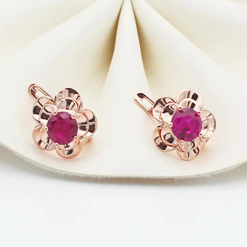 Purple Gold Inlaid Redstone Plated Rose Gold Flower Earrings Simple Luxury Temperament Design Ear Buckle