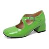 Women Mary Jane Pumps Patent Leather Lolita Shoes Med Heels Chunky Style 2025 Cross Strap Decor Comfort Square Toe Footwear