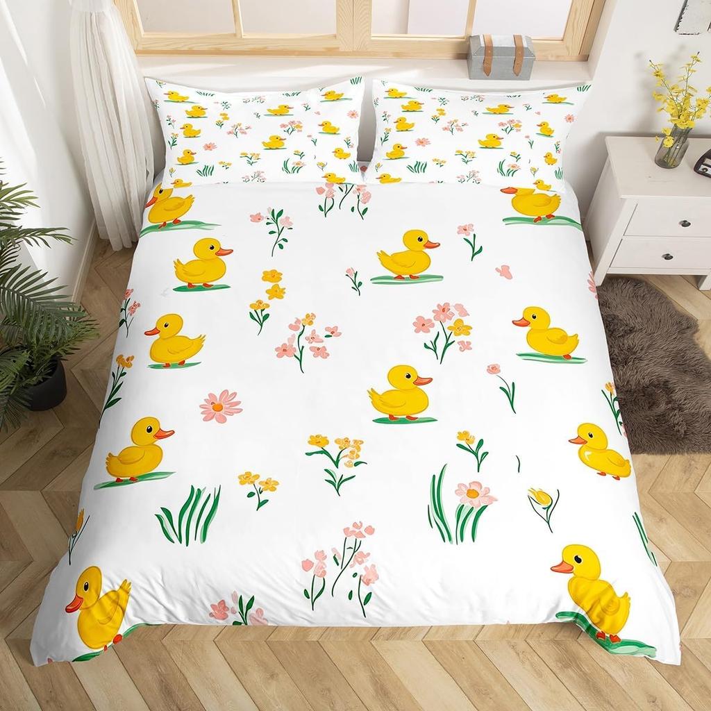 Yellow Duck Duvet Cover Twin Cartoon Ducks Comforter Cover Farmhouse Wild Animal Bedding Set Rustic Country Wildlife Quilt Cover