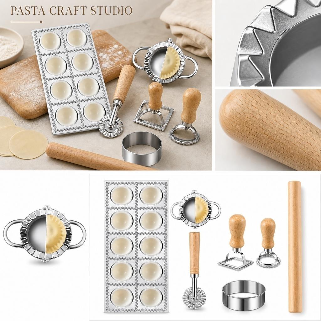Set Manuale per Pasta Fresca con Mattarello, Stampo per Ravioli, Pressa per Ravioli, Tagliapasta e Timbri per Ravioli Italiani e Asiani Fatti in Casa