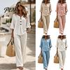 Schlankmachende Weite Hosen Sommer 2-teilige Sets für Damen, Lässiges Rüschen 3/4 Ärmel Knöpfe V V-Ausschnitt Bluse mit Nacken-Top Und Passendes Set, Locker Urlaub
