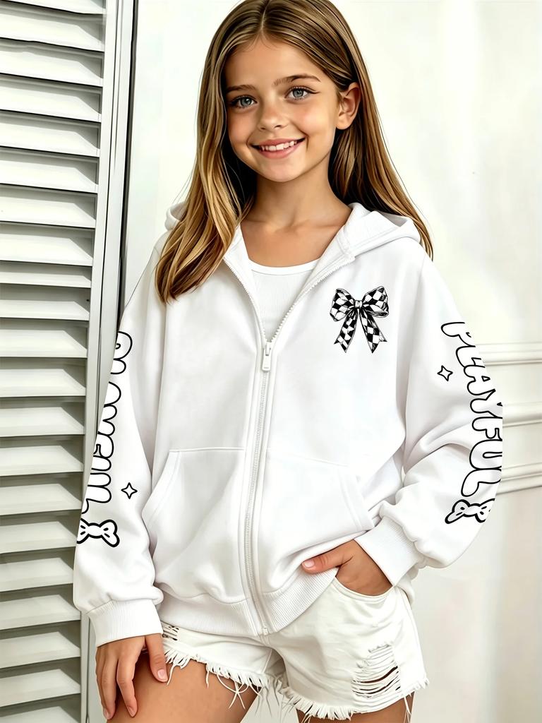 Kids Boys Girls Red Checkered Bow Zip Up Hoodie Sweatshirt Teen Graphic Plaid Bowknot Jacket Spring Autumn Winter Coat