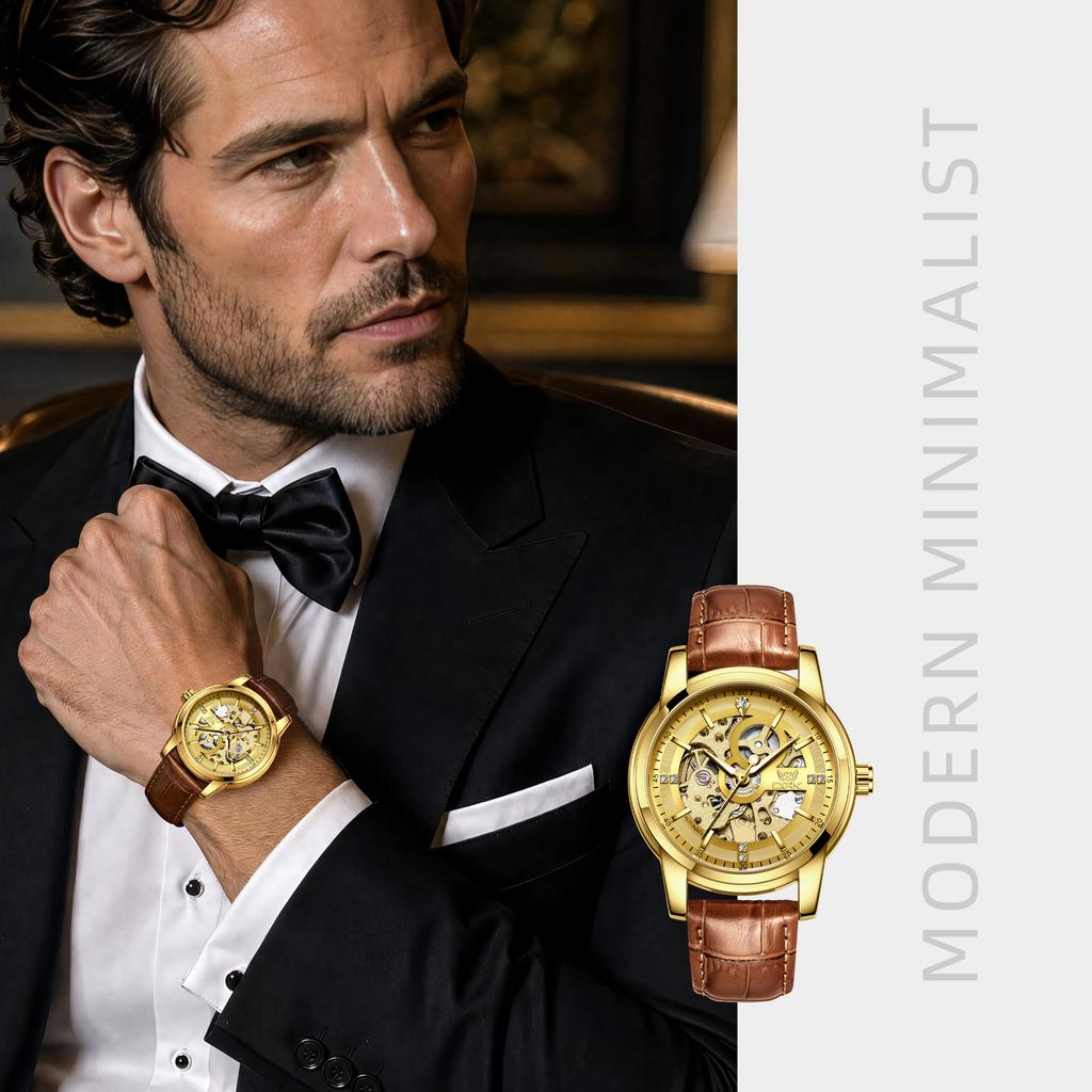 OPK 6101 Skeleton Men's Mechanical Wristwatch Leather Strap Luminous Classic Original Automatic Gold Man Watch