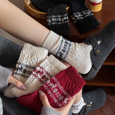 Wollsocken für Damen, Wadenlange Socken für Herbst und Winter, Verdicktes Kaschmir für Wärme, Weihnachts-Schneeflocken-Rentier Lange Wadensocken