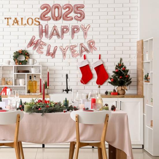 2025 Happy New Year Balloons Set Self-Sealing Aluminum Foil Balloons Happy New Year Banner Backdrop for New Year's Eve Party Decor Supplies