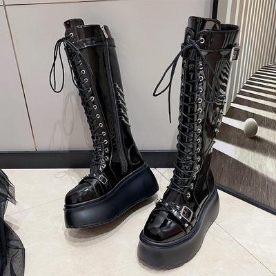 Fashion Platform Women Long Boots Flats Designer Lace Up Shoes Fashion Winter Knee High Boots 2025 Dress New Goth Chelsea Botas De Mujer