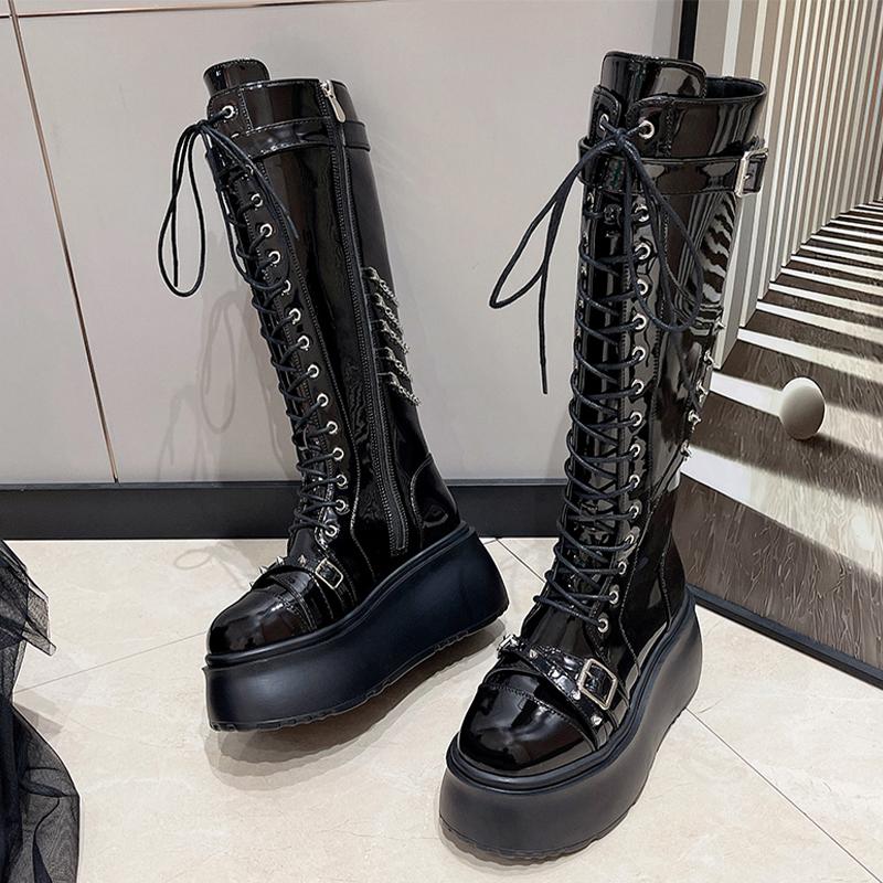 Mode Plateau Damen Lange Stiefel Flats Designer Schnürschuhe Mode Winter Kniehohe Stiefel 2025 Kleid Neu Goth Chelsea Botas De Mujer