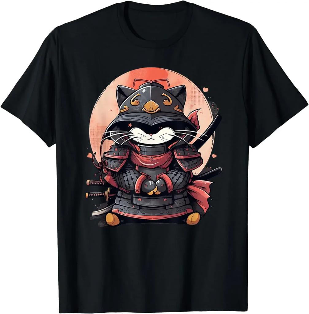 Samurai Cat Graphic Tee Japanese Warrior Anime Cotton Crewneck TShirt for Unisex