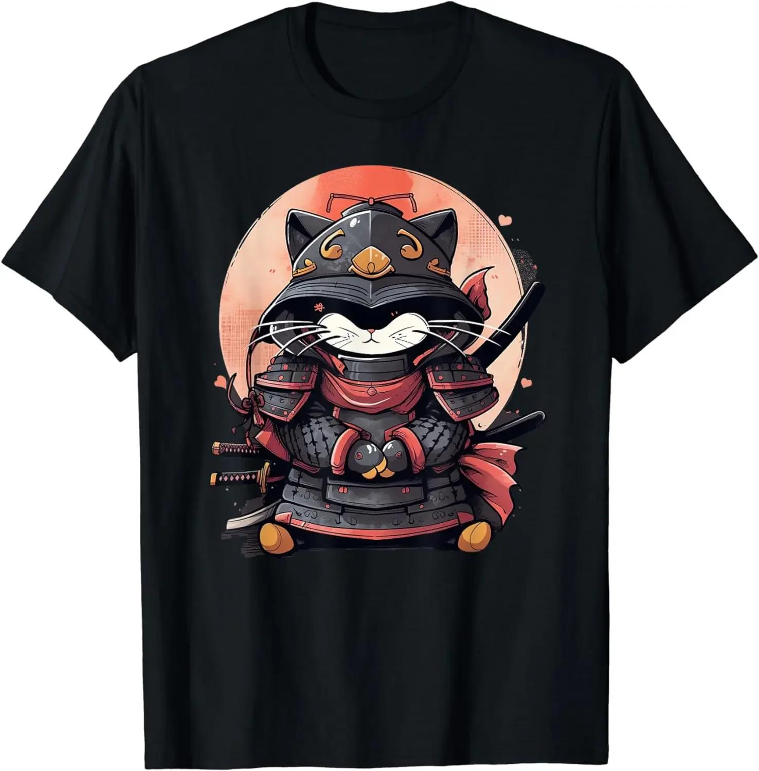 Samurai Cat Graphic Tee Japanese Warrior Anime Cotton Crewneck TShirt for Unisex S