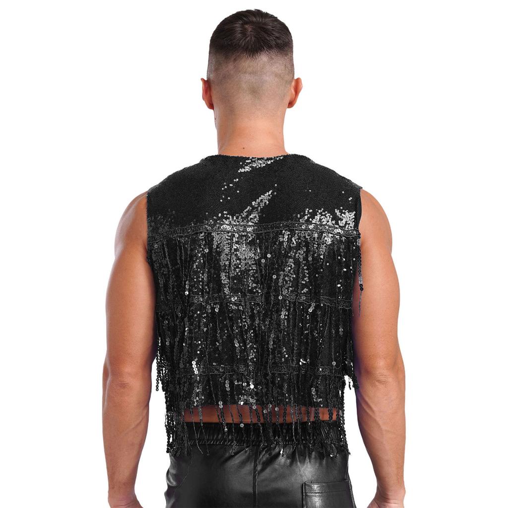 Mens Glitter Sequin Vest Sleeveless Tassel Waistcoat V Neck Open Front Dance Club Festival Partywear