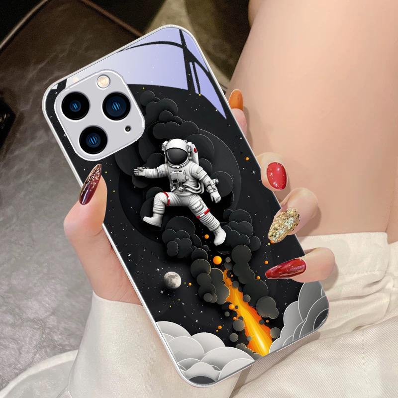Der Mond und Astronauten für iPhone 16 Pro Max 15 Pro 14 13 12 Mini 11 XS M Ax XR 7 8 Plu SE 2022 Hartglas-Handyhülle