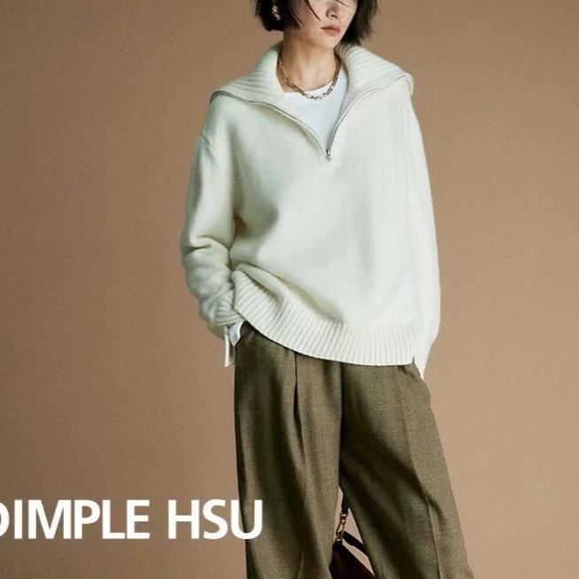 

Women s Retro Wool Half-Zip Lapel Sweater - Thick Knit, Loose Fit for Autumn/Winter XL белый